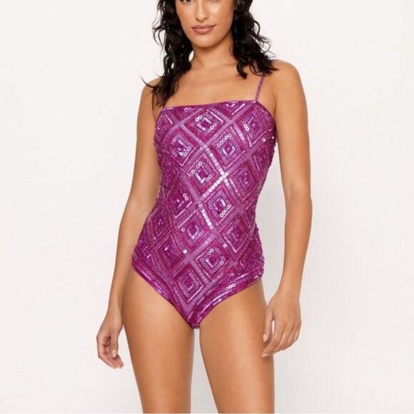 Nasty Gal Diamond Pattern Sequin Bodysuit Purple Size 10 NWT in packaging - Picture 2 of 6